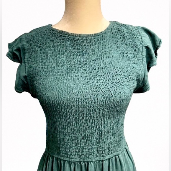 Casual Flutter Short Sleeve Crew Neck Smocked Elastic Waist Tiered Midi Dress - Picture 6 of 11